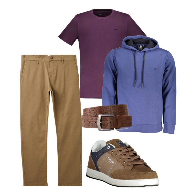 Outfit uomo - City. Stile Urban per Tutti i giorni. Abbinamento con cinture, pantaloni chino, felpe con cappuccio, sneakers, t-shirt.