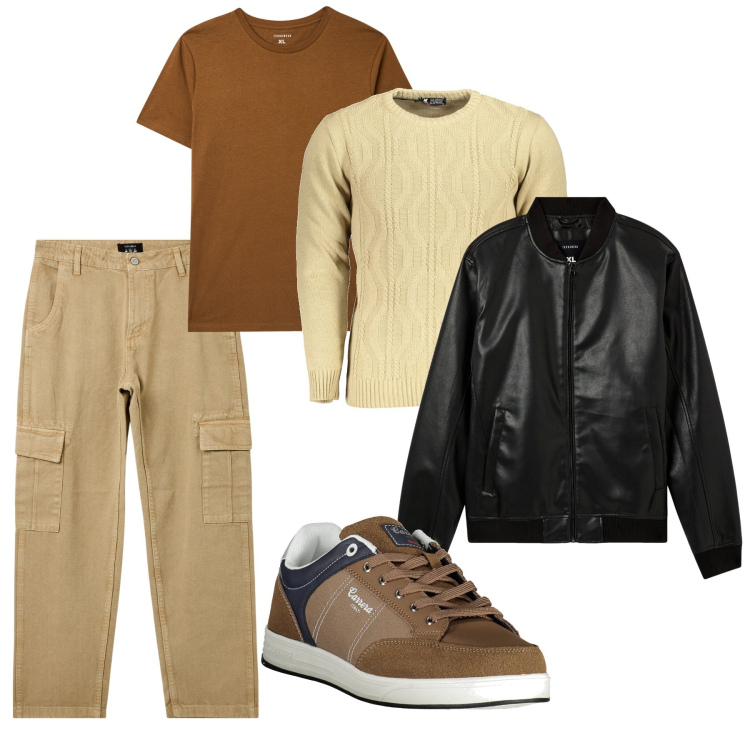 Outfit uomo - Totalook. Stile Casual per Tutti i giorni. Abbinamento con bomber, pantaloni cargo, t-shirt, maglieria, sneakers.
