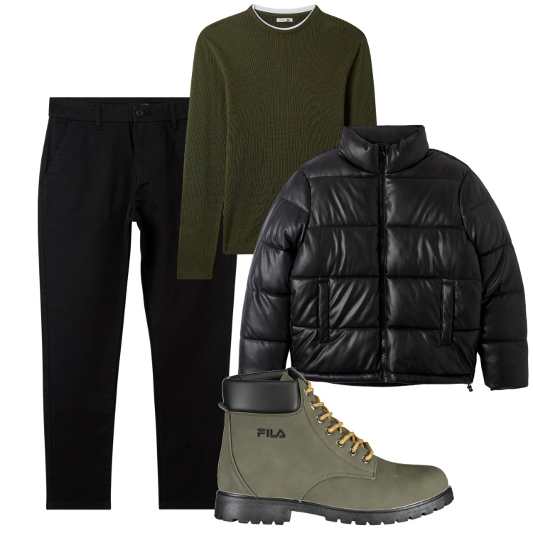 Outfit uomo - Totalook. Stile Urban per Tutti i giorni. Abbinamento con pantaloni chino, piumini, maglieria, stivali.
