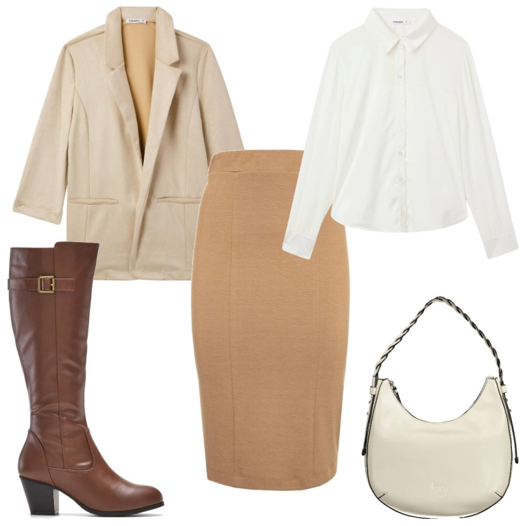 Outfit donna - Total look #1989844. Stile Trendy per Tutti i giorni. Abbinamento con stivali, blazer, camicie, gonne lunghe, borse a spalla.