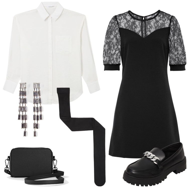 Outfit donna - Come Mercoledì. Stile Bon Ton per Serata fuori. Abbinamento con vestiti corti, borse a tracolla, orecchini, mocassini, camicie, collant.