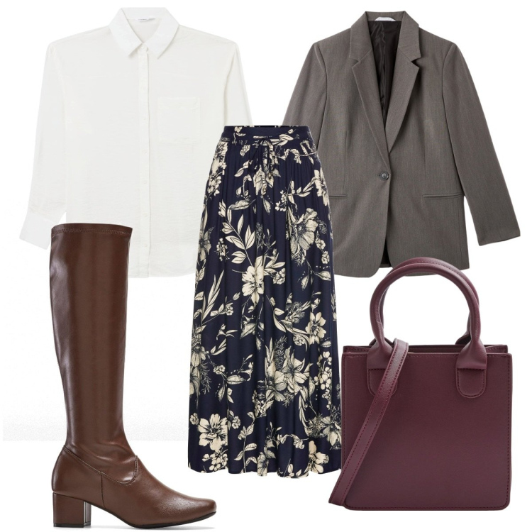 Outfit donna - Total look #1989860. Stile Trendy per Tutti i giorni. Abbinamento con gonne lunghe, stivali, blazer, shopping bag, camicie.