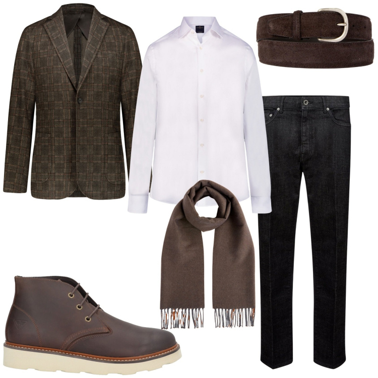 Outfit uomo - Giacca e jeans. Stile Trendy per Tutti i giorni. Abbinamento con stivali e stivaletti, camicie, giacche, cinture, jeans, sciarpe.
