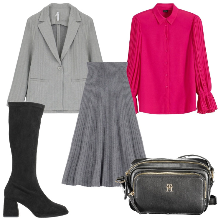 Outfit donna - Total look #1989869. Stile Trendy per Tutti i giorni. Abbinamento con stivali, camicie, gonne longuette, blazer, borse a tracolla.