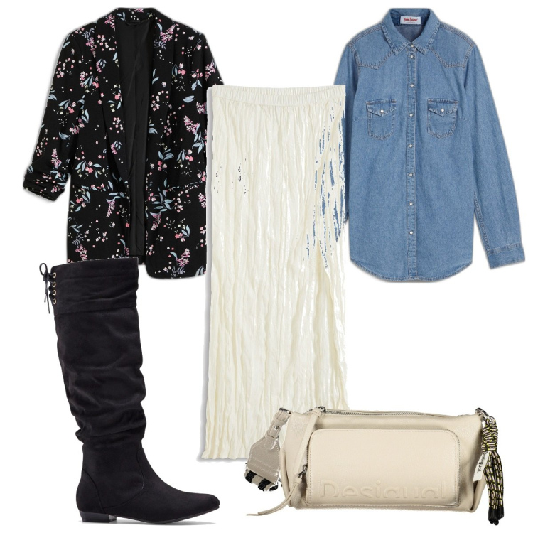 Outfit donna - Total look #1989871. Stile Trendy per Tutti i giorni. Abbinamento con gonne lunghe, camicie, blazer, stivali, borse a spalla.