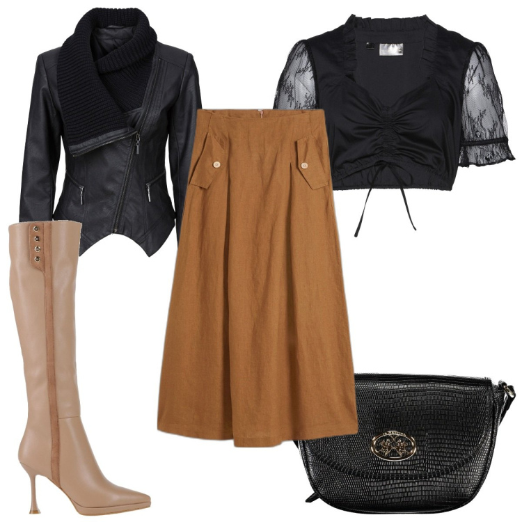 Outfit donna - Total look #1989877. Stile Trendy per Tutti i giorni. Abbinamento con stivali, blazer, gonne, camicie, borse a tracolla.