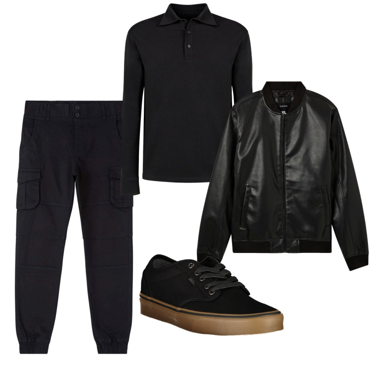 Outfit uomo - City. Stile Urban per Tutti i giorni. Abbinamento con bomber, pantaloni cargo, polo, sneakers.