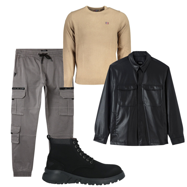 Outfit uomo - City. Stile Urban per Tutti i giorni. Abbinamento con stivali e stivaletti, pantaloni cargo, cappotti, maglieria.