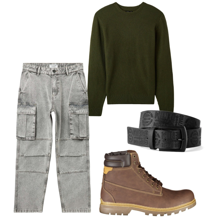 Outfit uomo - City. Stile Urban per Tutti i giorni. Abbinamento con cinture, jeans, maglieria, stivali.