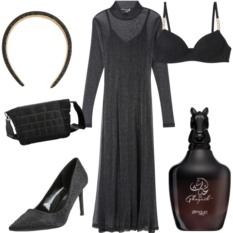 Outfit donna - Halloween night. Stile Trendy per Serata fuori. Abbinamento con profumi, cerchietti, vestiti lunghi, décolleté, reggiseni, pochette.
