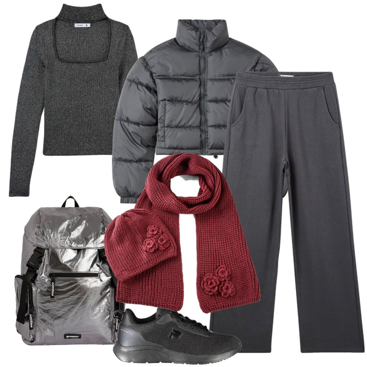 Outfit donna - Spécial Grigio. Stile Sporty chic per Scuola/Università. Abbinamento con sciarpe, pantaloni, maglieria, blazer, zaini, sneakers.