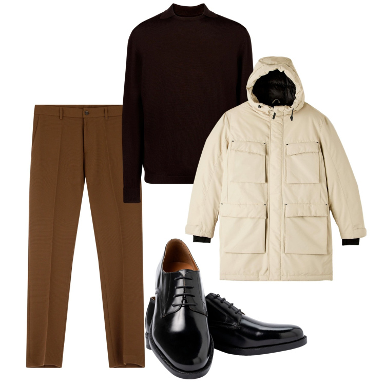 Outfit uomo - City. Stile Urban per Tutti i giorni. Abbinamento con parka, pantaloni, maglieria, scarpe stringate.