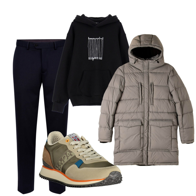 Outfit uomo - City. Stile Urban per Tutti i giorni. Abbinamento con piumini, felpe con cappuccio, pantaloni, sneakers.
