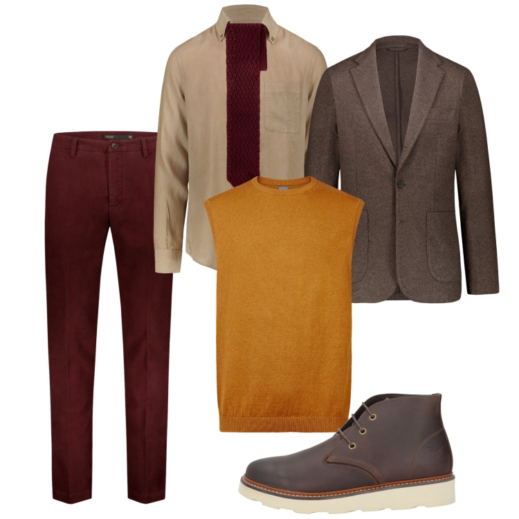 Outfit uomo - Foliage. Stile Business/Elegante per Tutti i giorni. Abbinamento con stivali e stivaletti, pantaloni, gilet, giacche, camicie, cravatte.