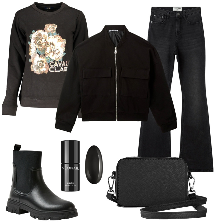 Outfit donna - Dolcetto o scherzetto. Stile Basic per Tutti i giorni. Abbinamento con borse a tracolla, smalti, jeans a zampa, stivaletti chelsea, bomber, felpe.