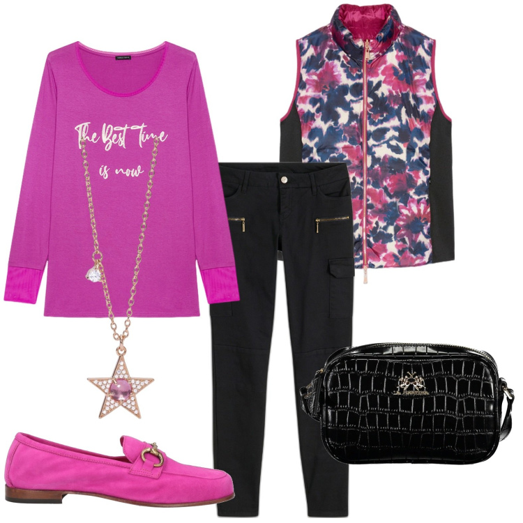 Outfit donna - Total look #1989936. Stile Casual per Tutti i giorni. Abbinamento con pantaloni cargo, mocassini, collane, t-shirt, borse a tracolla, piumini.