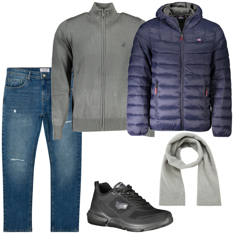 Outfit uomo - Total look #1989943. Stile Casual per Tutti i giorni. Abbinamento con sciarpe e foulard, jeans strappati, giacche, sneakers, cardigans.