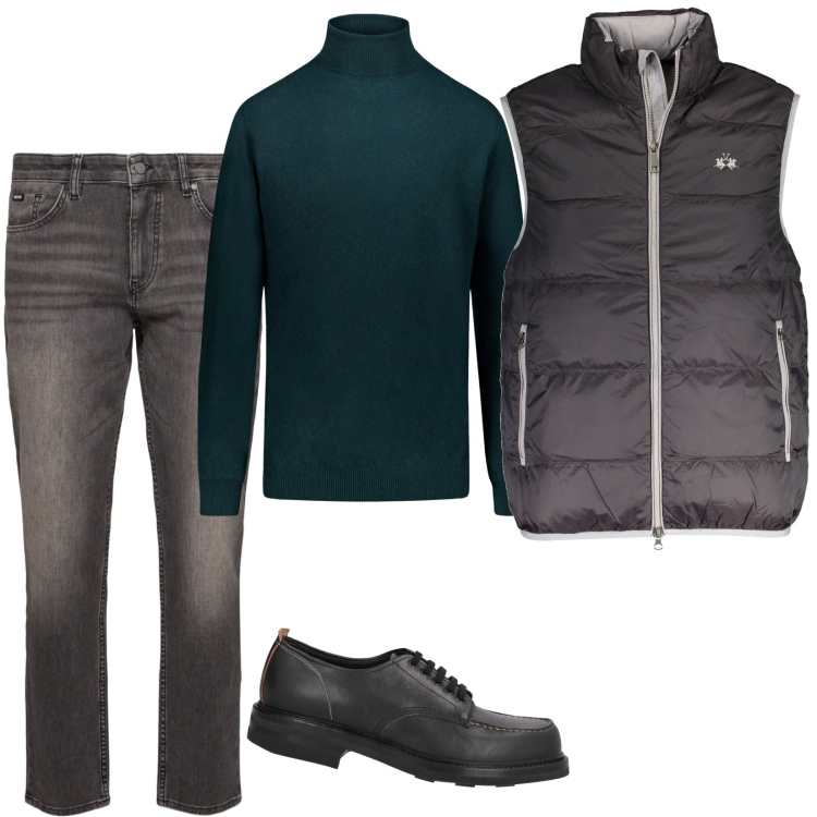 Outfit uomo - Il pull verde scuro. Stile Casual per Tutti i giorni. Abbinamento con scarpe stringate, maglieria, jeans, giacche.