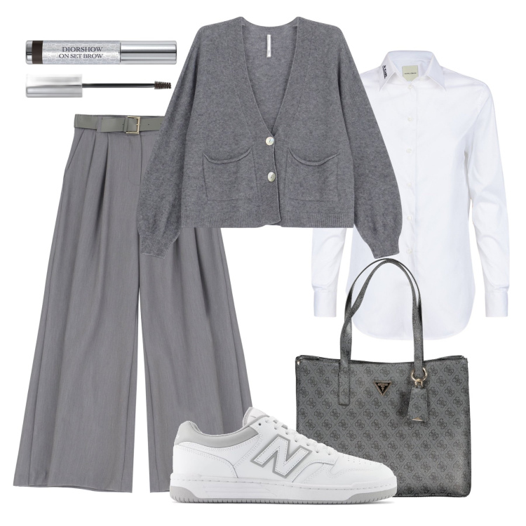 Outfit donna - Ufficio classico, ma comodo. Stile Casual chic per Ufficio. Abbinamento con mascara, sneakers, cardigans, pantaloni, borse a spalla, camicie.