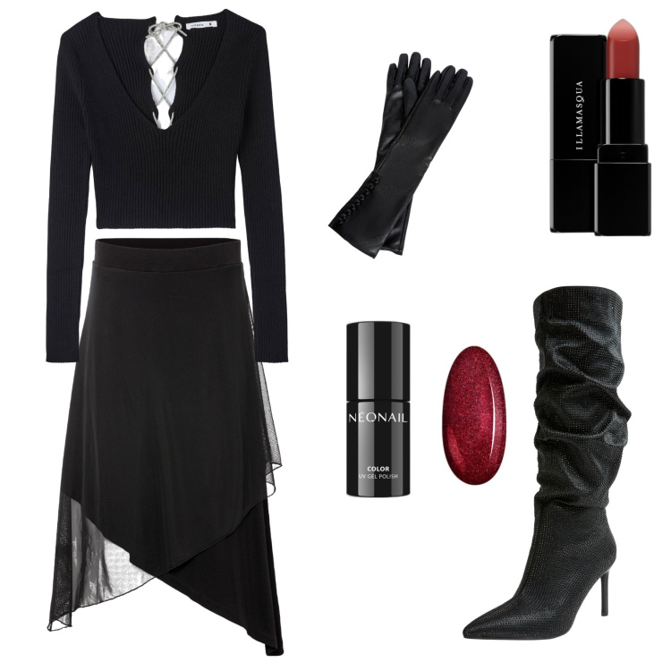 Outfit donna - Ad Halloween divento vampira. Stile Rock per Serata fuori. Abbinamento con gonne, smalti, rossetti, maglieria, stivali, guanti.