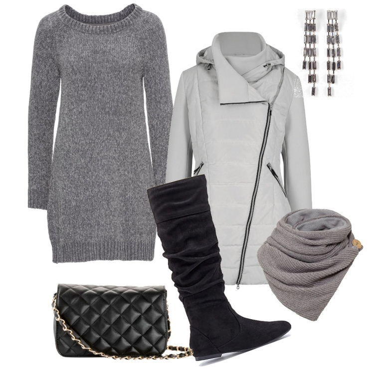 Outfit donna - Bonprix - sfumature invernali. Stile Casual chic per Tutti i giorni. Abbinamento con vestiti, stivali, borse a tracolla, foulard, blazer, orecchini.