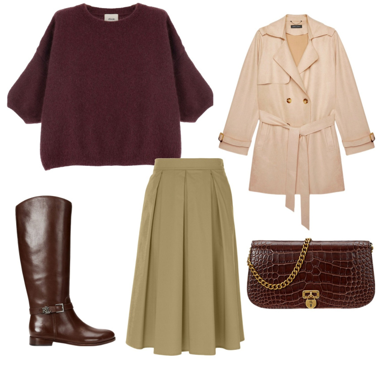 Outfit donna - Autunno. Stile Romantica per Tutti i giorni. Abbinamento con pullovers, stivali, borse a tracolla, gonne longuette, trench.