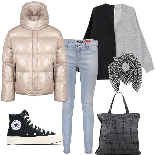 Outfit donna - In citta\'. Stile Casual per Tutti i giorni. Abbinamento con borse a mano, sciarpe, cardigans, blazer, jeans strappati, sneakers.