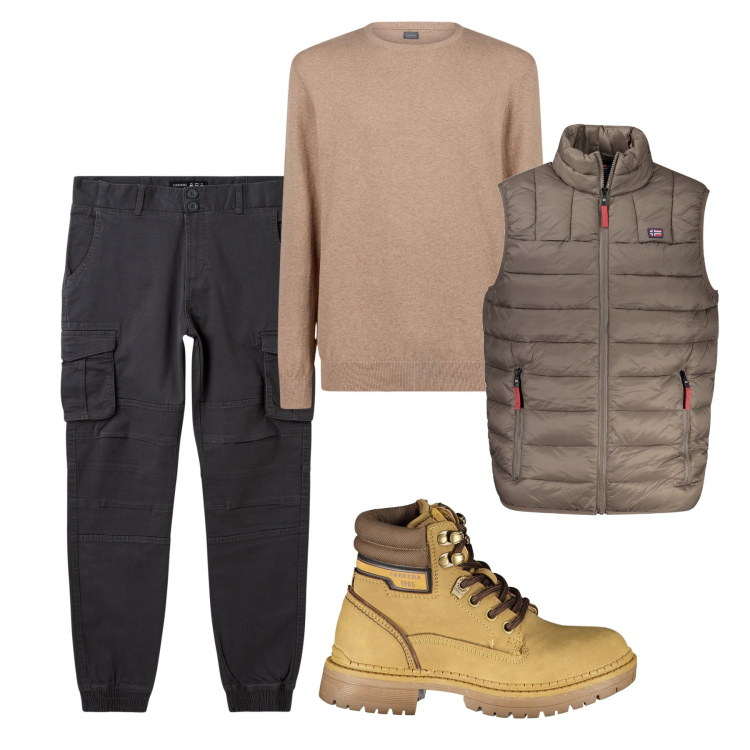 Outfit uomo - Totalook. Stile Urban per Tutti i giorni. Abbinamento con pantaloni cargo, maglieria, stivali, giacche.