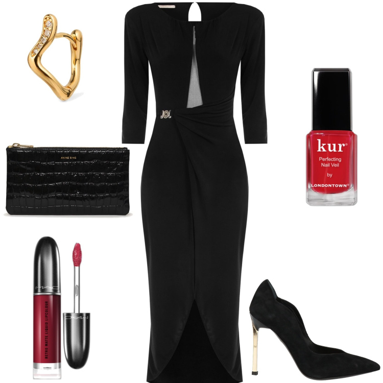 Outfit donna - Morticia Addams Inspired. Stile Chic per Serata fuori. Abbinamento con décolleté, smalti, rossetti, vestiti lunghi, orecchini, clutch.