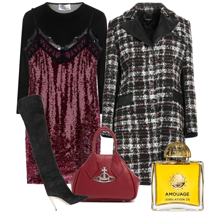Outfit donna - Serata Vivienne. Stile Urban per Serata fuori. Abbinamento con cappotti, t-shirt, stivali, profumi, vestiti corti, borse a mano.