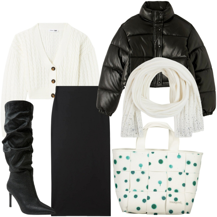 Outfit donna - La borsa a pois. Stile Casual per Tutti i giorni. Abbinamento con cardigans, gonne lunghe, stivali, sciarpe, piumini, borse a spalla.