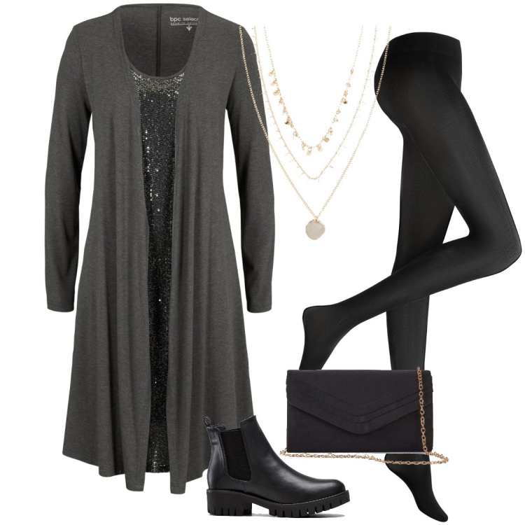 Outfit donna - Il vestito con effetto doppiato. Stile Casual chic per Serata fuori. Abbinamento con collant, stivaletti chelsea, collane, vestiti, pochette.