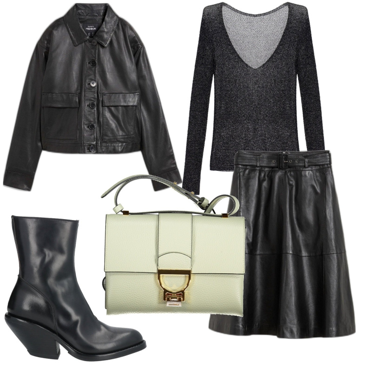 Outfit donna - Dark lady. Stile Chic per Ufficio. Abbinamento con gonne, bomber, stivaletti texani, pullovers, borse a tracolla.