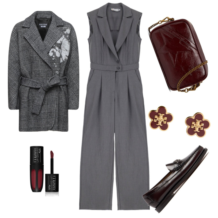 Outfit donna - Total grey woman. Stile Trendy per Tutti i giorni. Abbinamento con cappotti, rossetti, tute, orecchini, mocassini, borse a spalla.