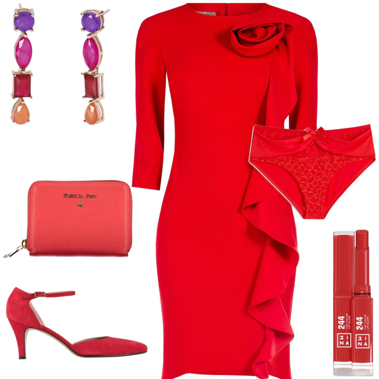 Outfit donna - Woman in red second to none. Stile Glamour per Serata fuori. Abbinamento con culotte, décolleté, rossetti, orecchini, vestiti a tubino, portafogli.