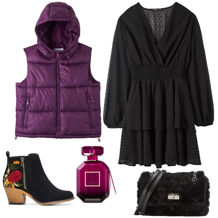 Outfit donna - Total look. Stile Trendy per Tutti i giorni. Abbinamento con stivaletti, profumi, piumini, borse a spalla, vestiti corti.