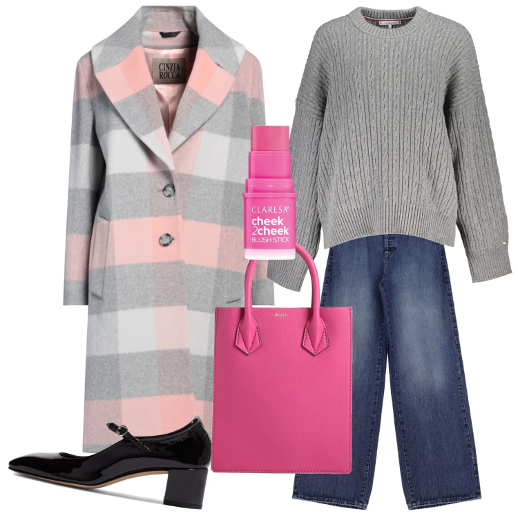 Outfit donna - Città. Stile Urban per Tutti i giorni. Abbinamento con cappotti, borse a mano, blush, jeans, décolleté, maglieria.