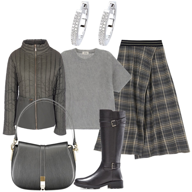 Outfit donna - Minimal grigio. Stile Minimal per Ufficio. Abbinamento con stivali, orecchini, piumini, gonne lunghe, pullovers, borse a spalla.