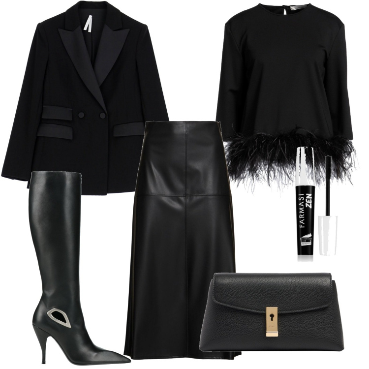 Outfit donna - The Sixth Sense. Stile Glamour per Tutti i giorni. Abbinamento con mascara, top, stivali, blazer, gonne longuette, pochette.