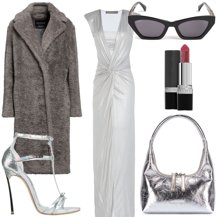 Outfit donna - Alien. Stile Chic per Serata fuori. Abbinamento con cappotti, vestiti lunghi, sandali in pelle, rossetti, occhiali da sole, borse a mano.