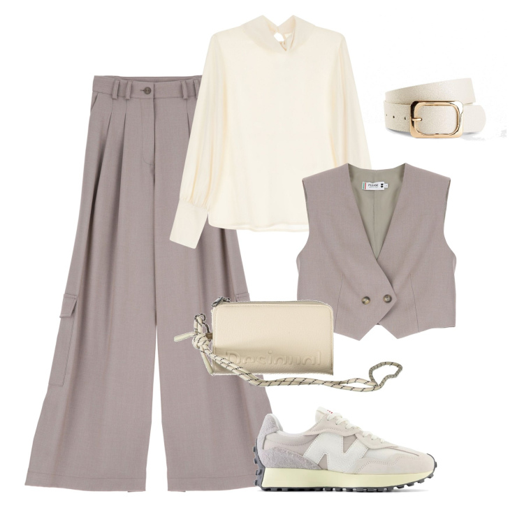 Outfit donna - Grigio chic. Stile Casual chic per Tutti i giorni. Abbinamento con cinture, sneakers, pantaloni cargo, gilet, camicie, portafogli.