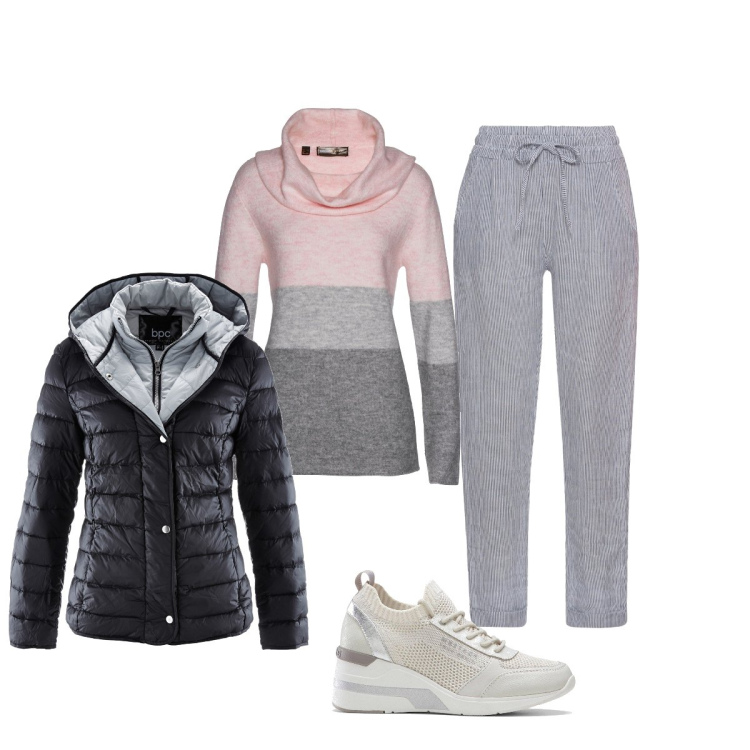 Outfit donna - Con il tenue rosa. Stile Casual per Tutti i giorni. Abbinamento con piumini, pantaloni, maglieria, sneakers.