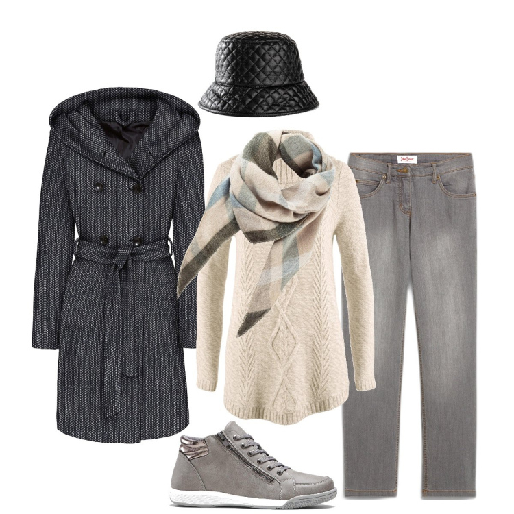 Outfit donna - Sfumature di grigio. Stile Casual chic per Tutti i giorni. Abbinamento con sneakers alte, jeans dritti, cappelli con visiera, sciarpe, maglieria, cappotti.
