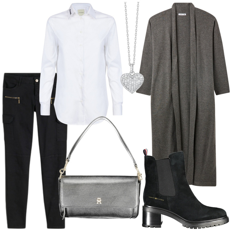 Outfit donna - Total look #1990069. Stile Minimal per Tutti i giorni. Abbinamento con pantaloni cargo, cardigans, collane, stivaletti, camicie, borse a spalla.