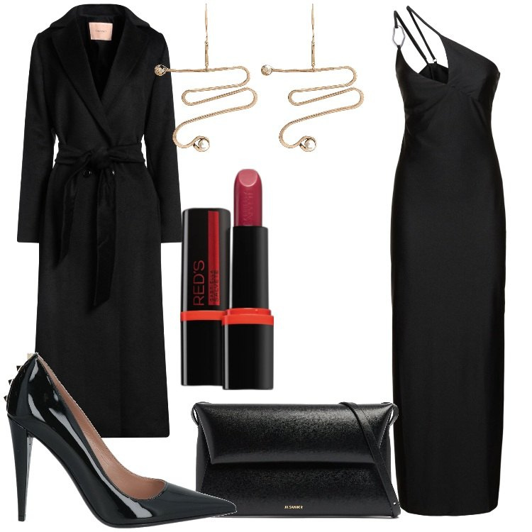 Outfit donna - Dolcetto o scherzetto?. Stile Glamour per Serata fuori. Abbinamento con cappotti, décolleté, rossetti, vestiti asimmetrici, orecchini, borse a spalla.
