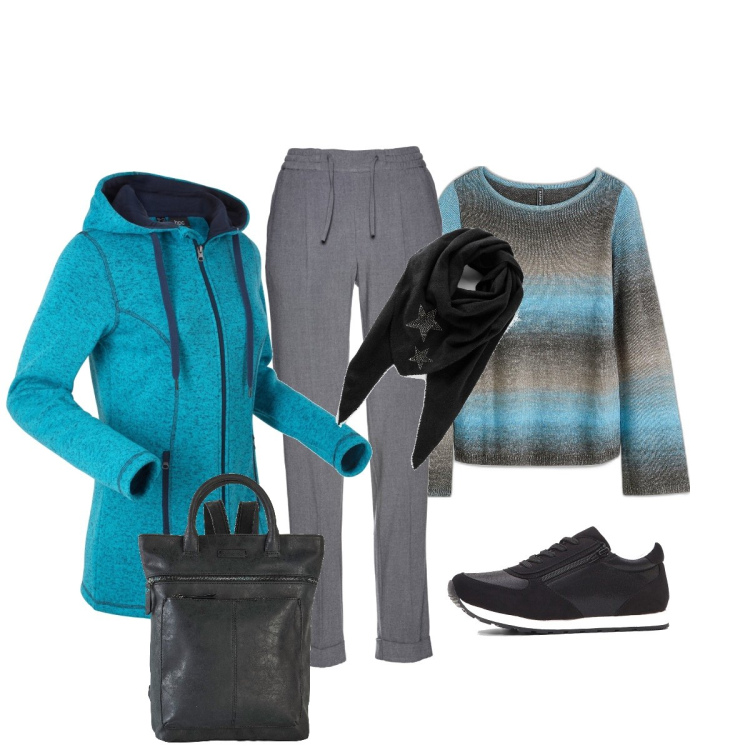 Outfit donna - Total look #1990075. Stile Casual per Tutti i giorni. Abbinamento con sneakers, pantaloni, foulard, maglieria, blazer, zaini.