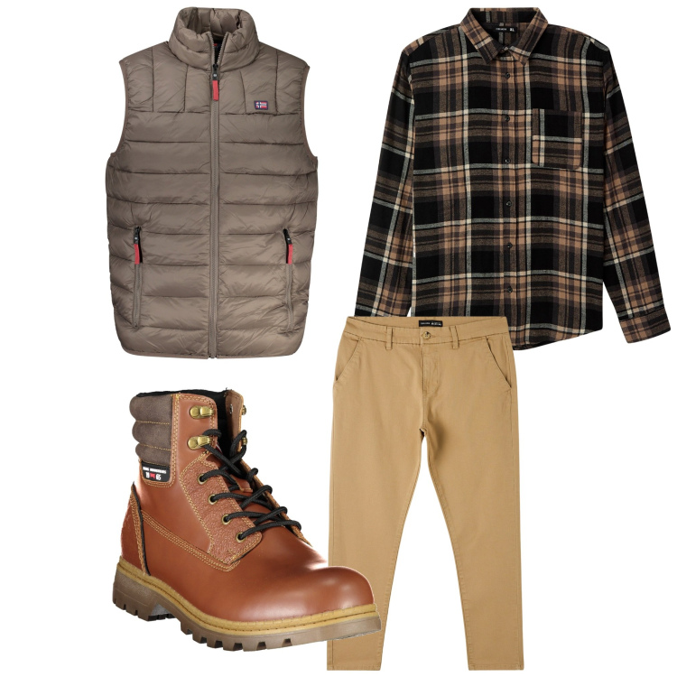 Outfit uomo - Quadretti marroni. Stile Casual per Tutti i giorni. Abbinamento con camicie, pantaloni chino, stivali, giacche.