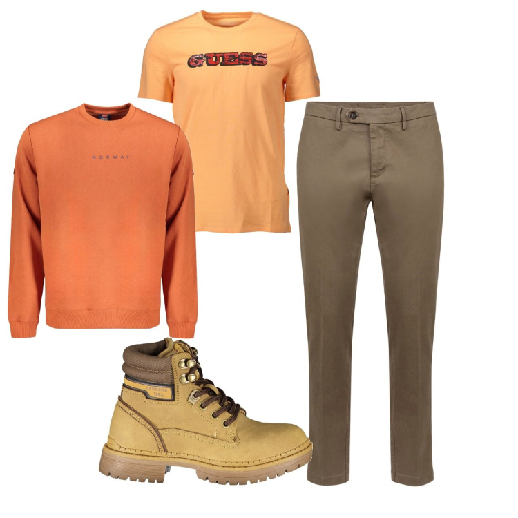 Outfit uomo - Tra amici. Stile Casual per Tutti i giorni. Abbinamento con pantaloni chino, stivali, t-shirt, felpe.