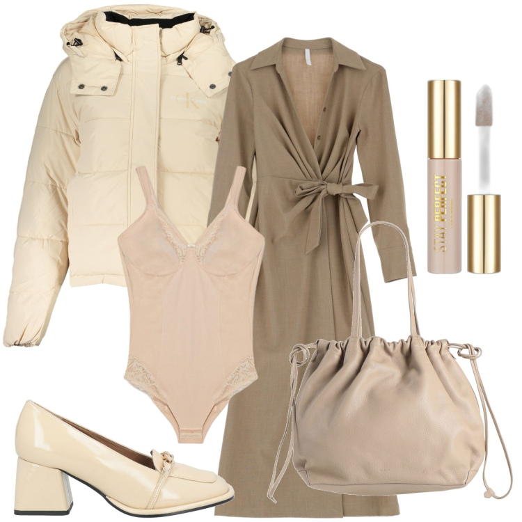 Outfit donna - Nuance neutre. Stile Casual per Tutti i giorni. Abbinamento con mocassini, borse a mano, correttori, vestiti, blazer, body.