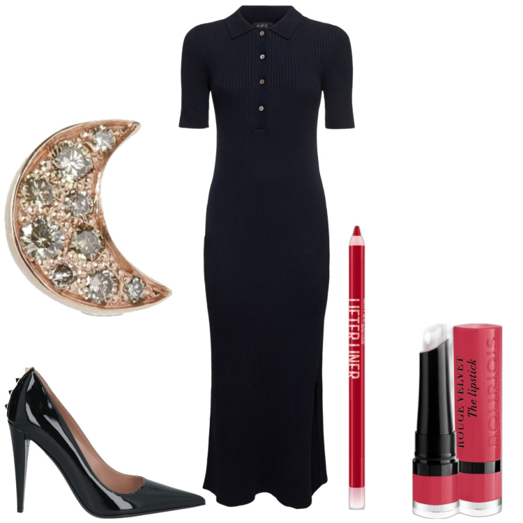 Outfit donna - Morticia Adams. Stile Glamour per Serata fuori. Abbinamento con décolleté, matite labbra, rossetti, orecchini, vestiti.
